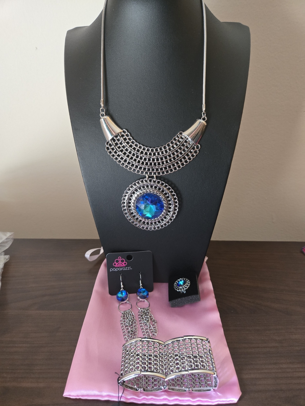 Paparazzi Silver Necklace, Earrings & Bracelet Set with Blue Gemstone